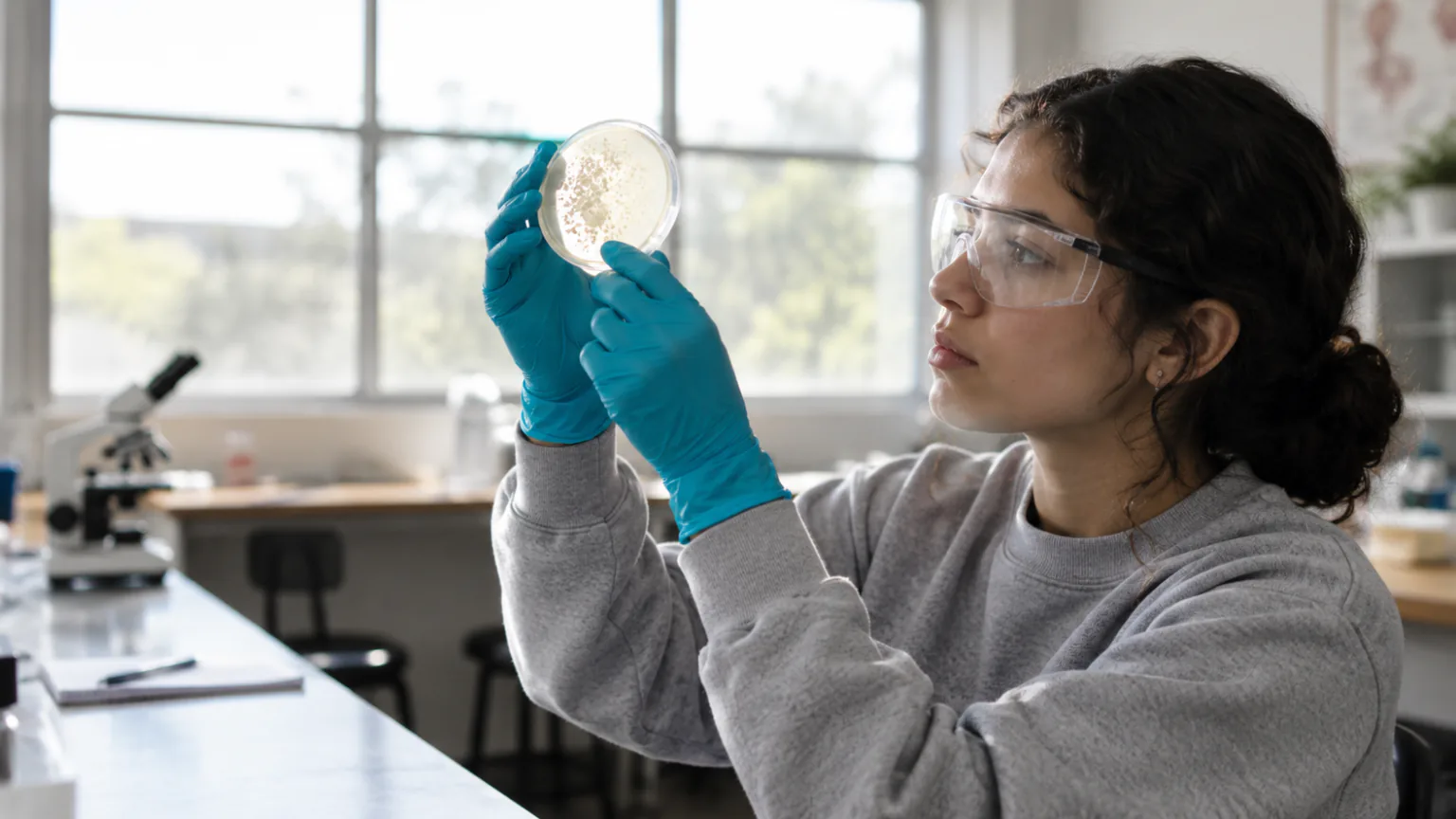 Estudiante en el laboratorio observando una caja de Petri
